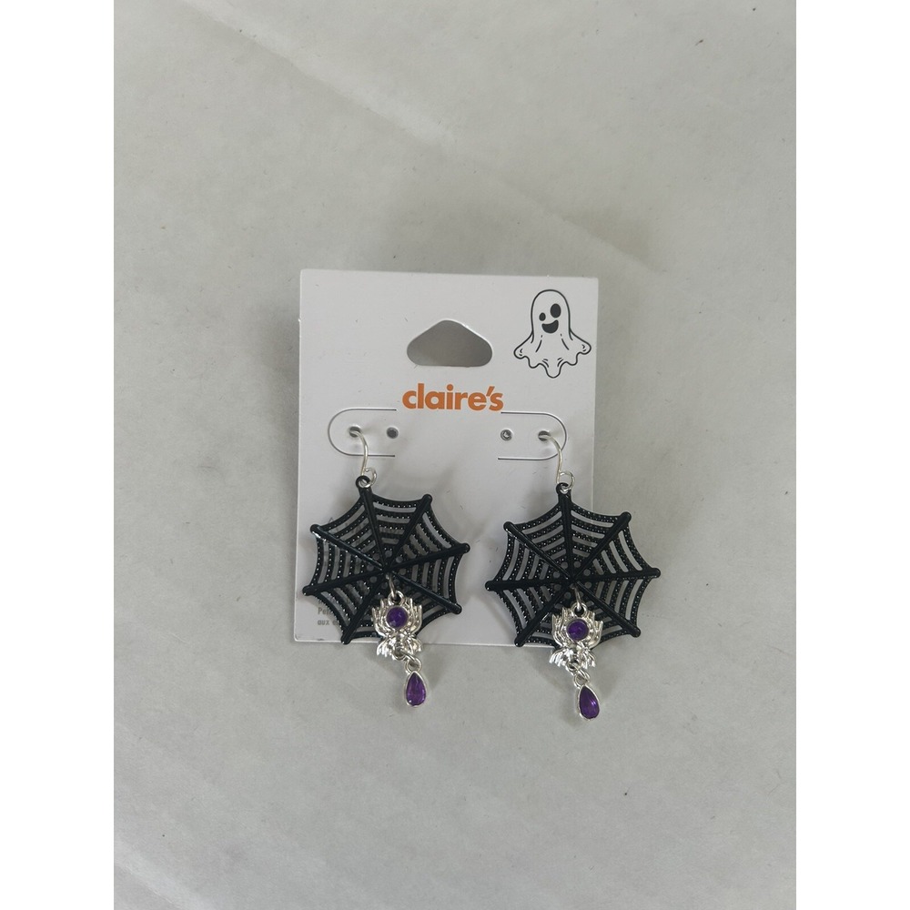 Claires Halloween Black Spiderweb Dangle Pierced Hook Back Earrings With Purple
